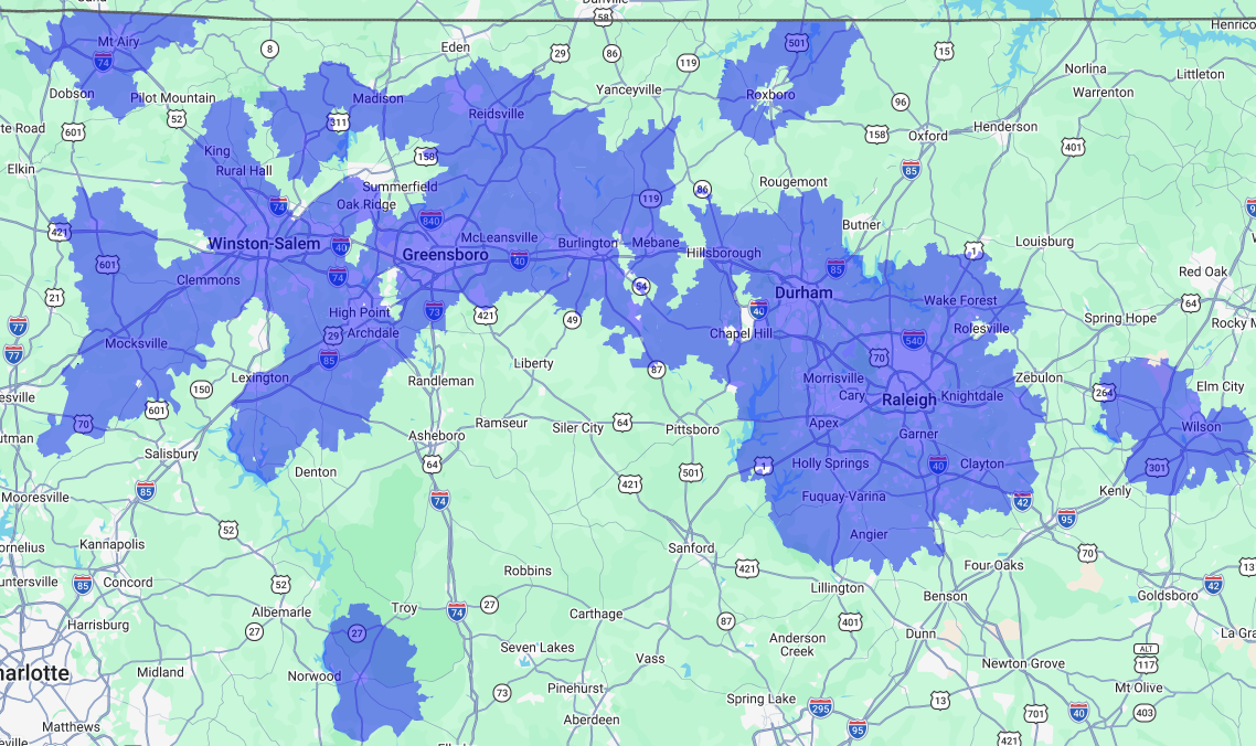 Service area map highlighting coverage across central North Carolina, including Raleigh, Durham, Chapel Hill, Greensboro, Winston-Salem, Cary, Apex, and surrounding cities.