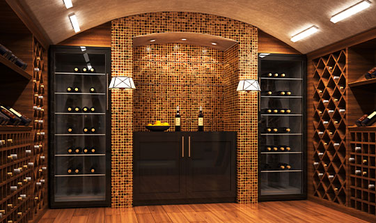 modern, in home wine cellar with refrigerators and tiled walls, built in wine storage